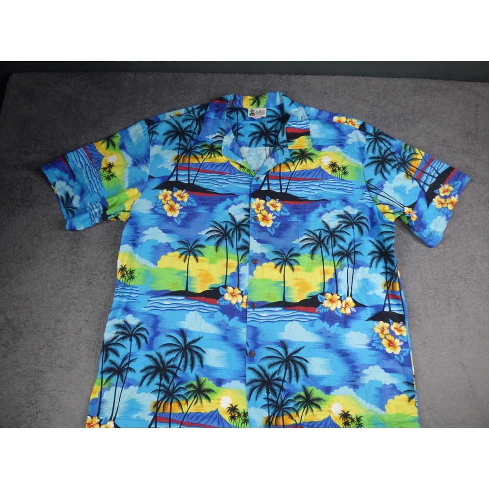 Aloha Republic Mens XL Hawaiian Shirt Blue Sunset Palm Tree Cotton Made in USA